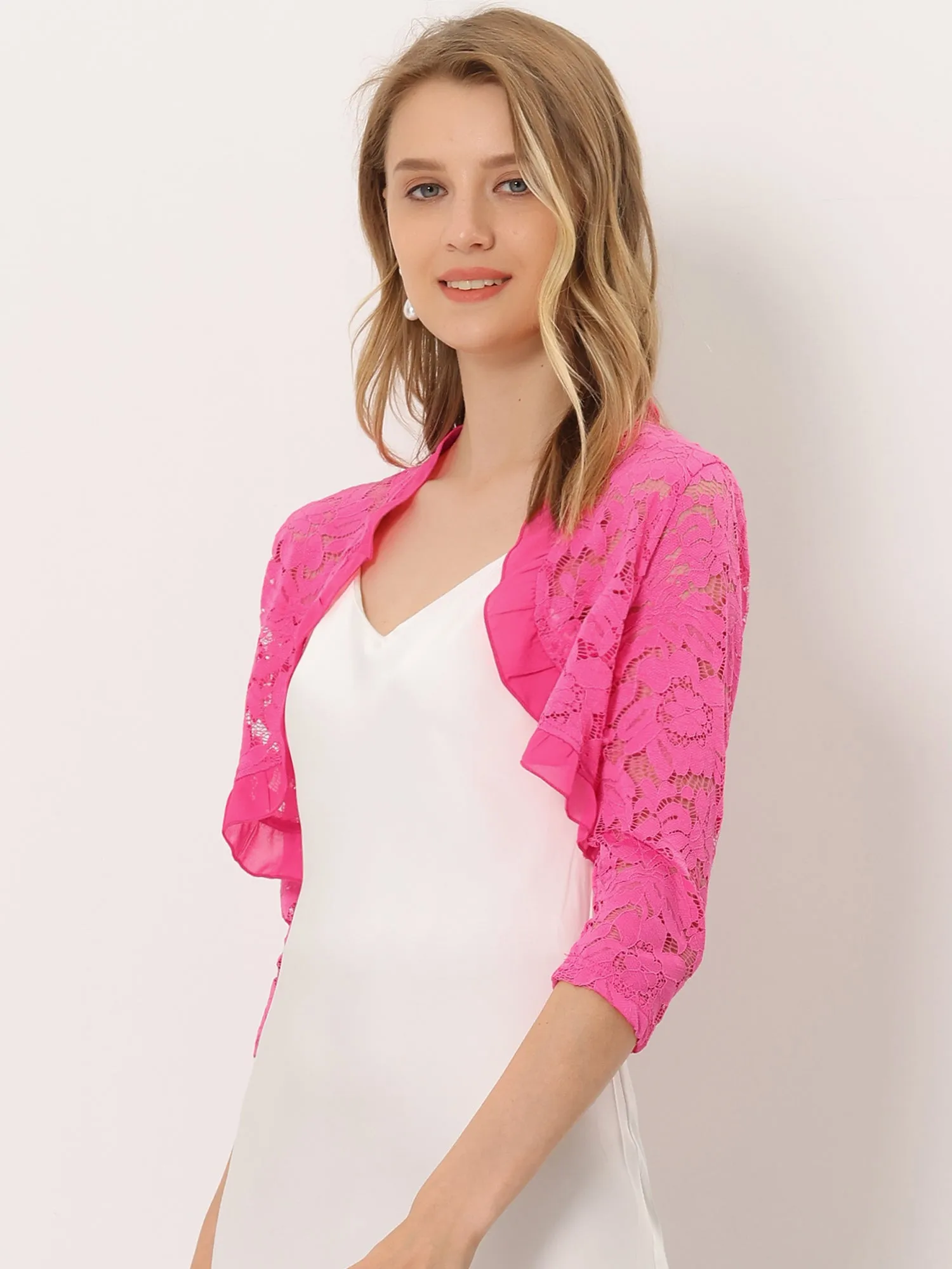 Elegant Ruffle Collar Sheer Floral Lace Crop Bolero Shrug sold by Allegra K