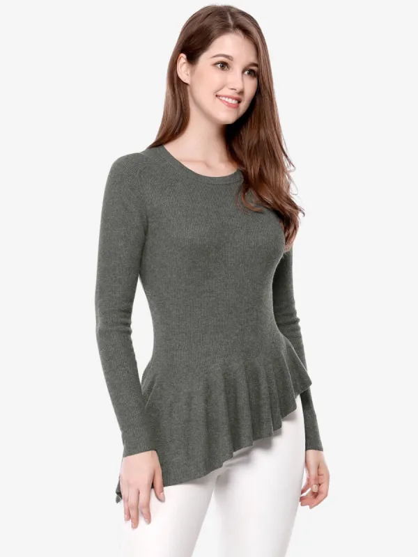 Sweater Knit Top Long Sleeve Ribbed Ruffle Hem Peplum Tops sold by Allegra K