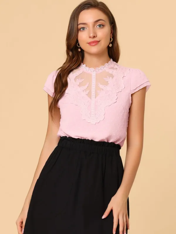 Lace Trim Top Swiss Dots Mock Neck Cap Sleeve Elegant Blouse sold by Allegra K