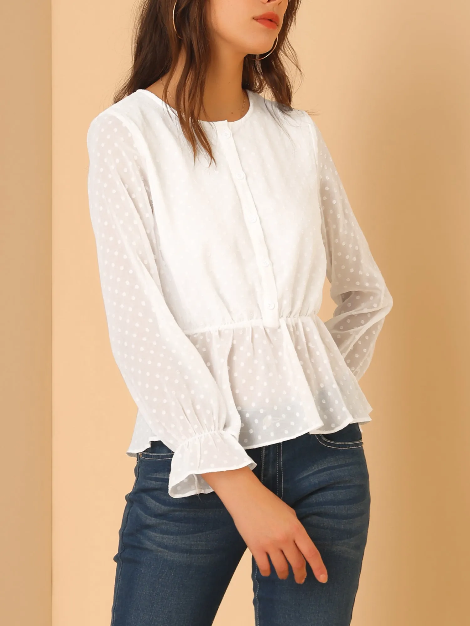 Swiss Dots Shirt Long Sleeve Peplum Hem Tops sold by Allegra K product image thumbnail 2