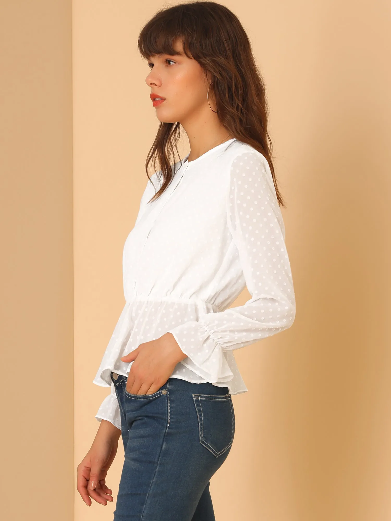 Swiss Dots Shirt Long Sleeve Peplum Hem Tops sold by Allegra K product image thumbnail 4