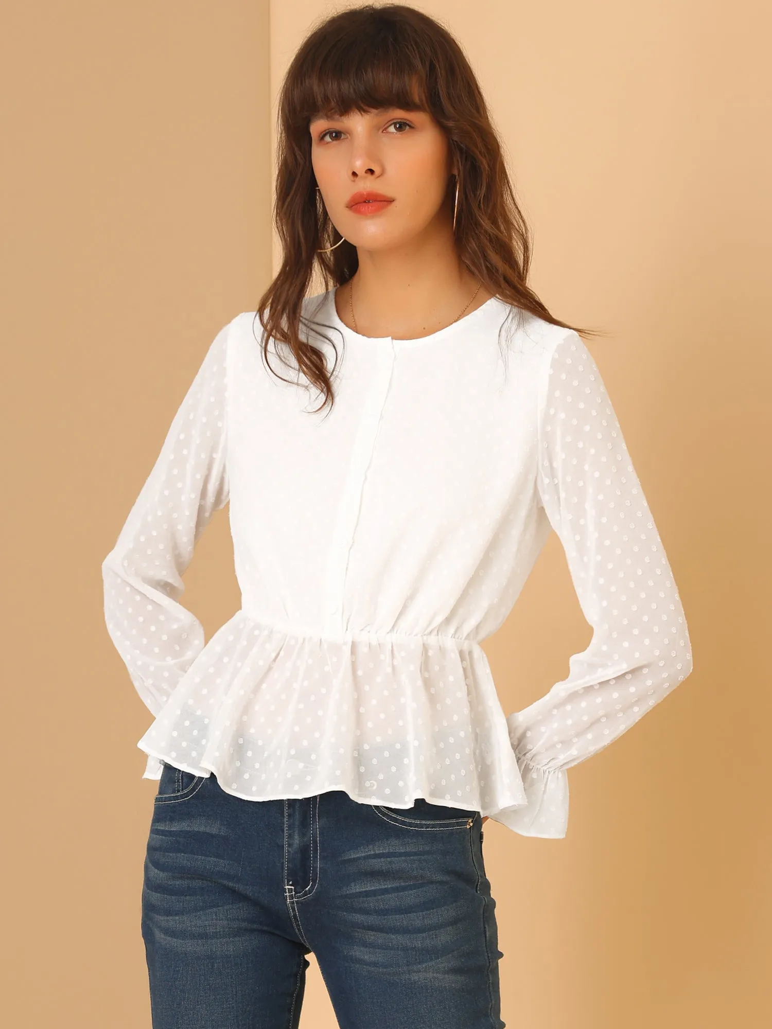 Swiss Dots Shirt Long Sleeve Peplum Hem Tops sold by Allegra K product image thumbnail 3