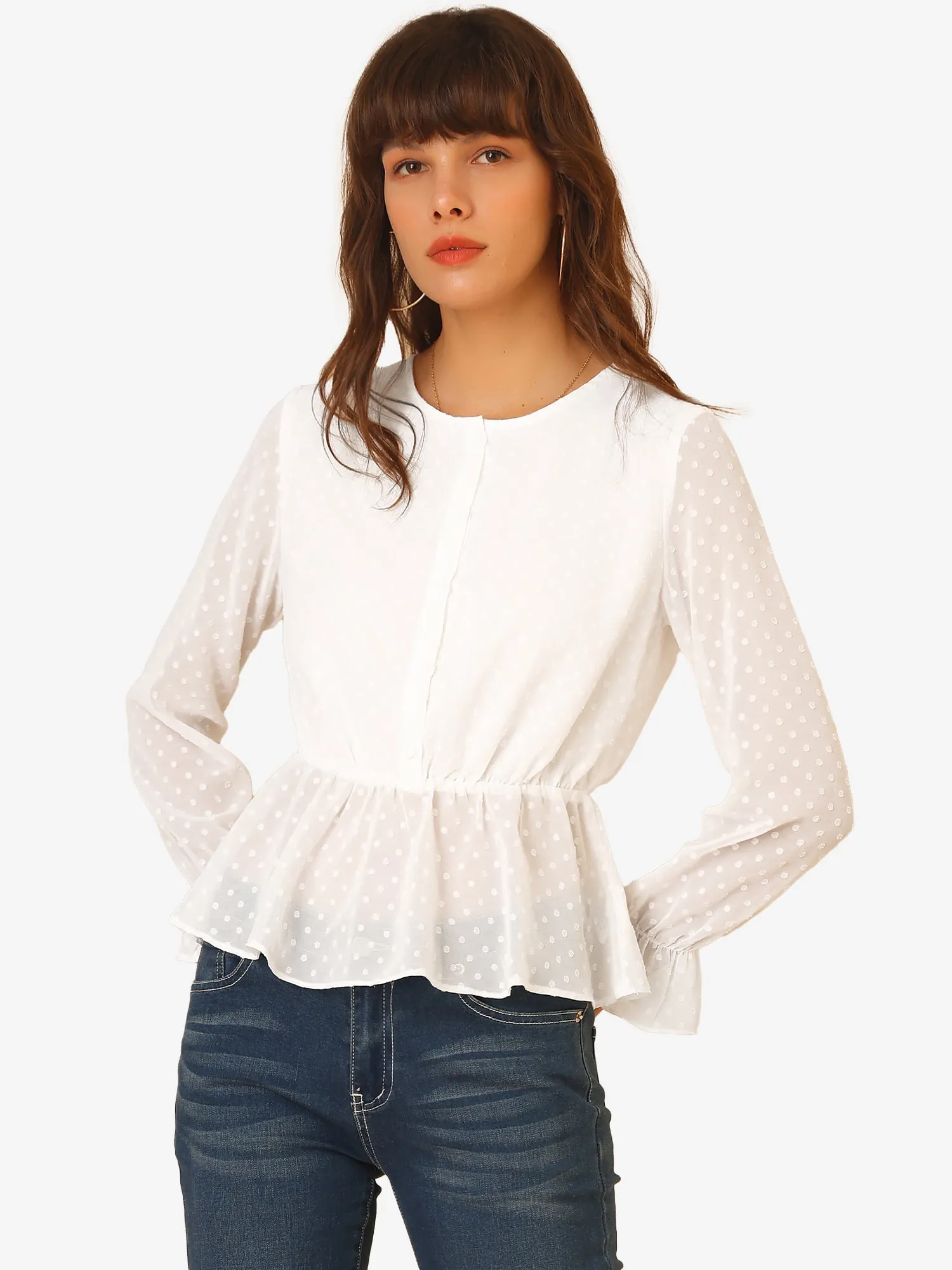 Swiss Dots Shirt Long Sleeve Peplum Hem Tops sold by Allegra K