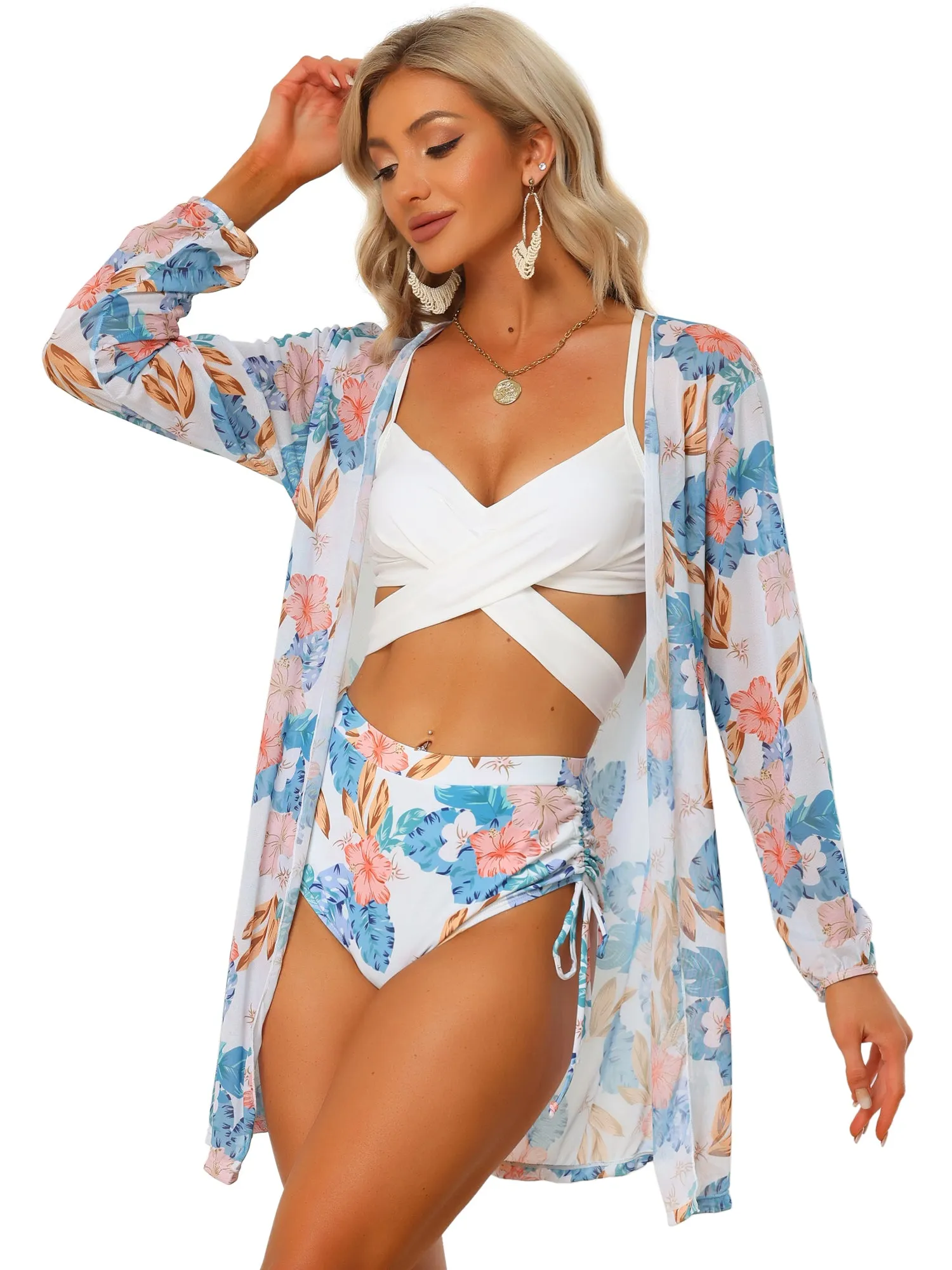 Hawaiian Tropical Floral Kimono Cover Up 3 Piece Bikini Set sold by Allegra K product image thumbnail 5