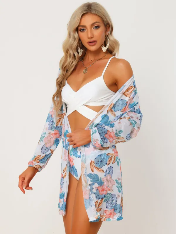 Hawaiian Tropical Floral Kimono Cover Up 3 Piece Bikini Set made by Allegra K