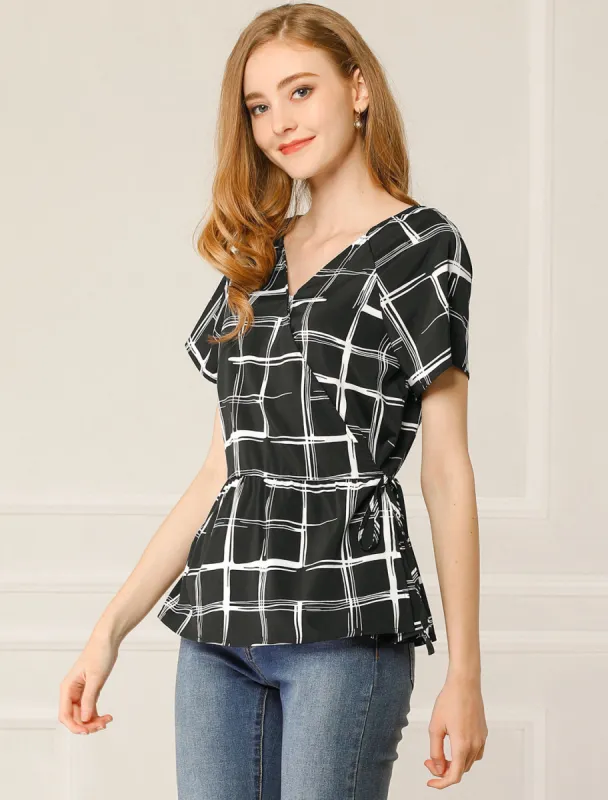 Peplum Wrap Blouse V Neck Drawstring Waist Plaid Short Sleeve Top sold by Allegra K