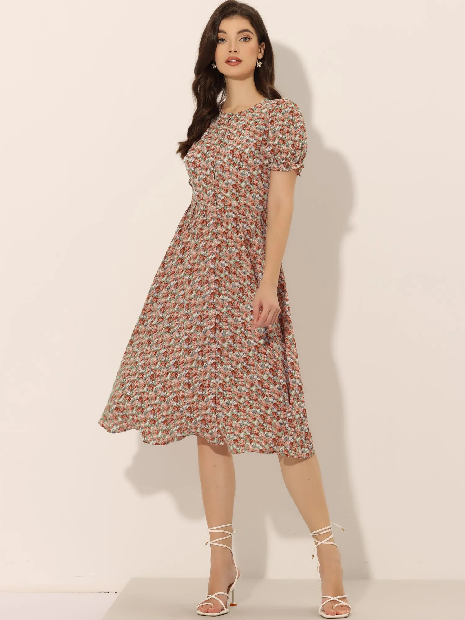 Floral Midi Dress Round Neck Ruffle Sleeve Button Down ShirtDress sold by Allegra K product image thumbnail 5
