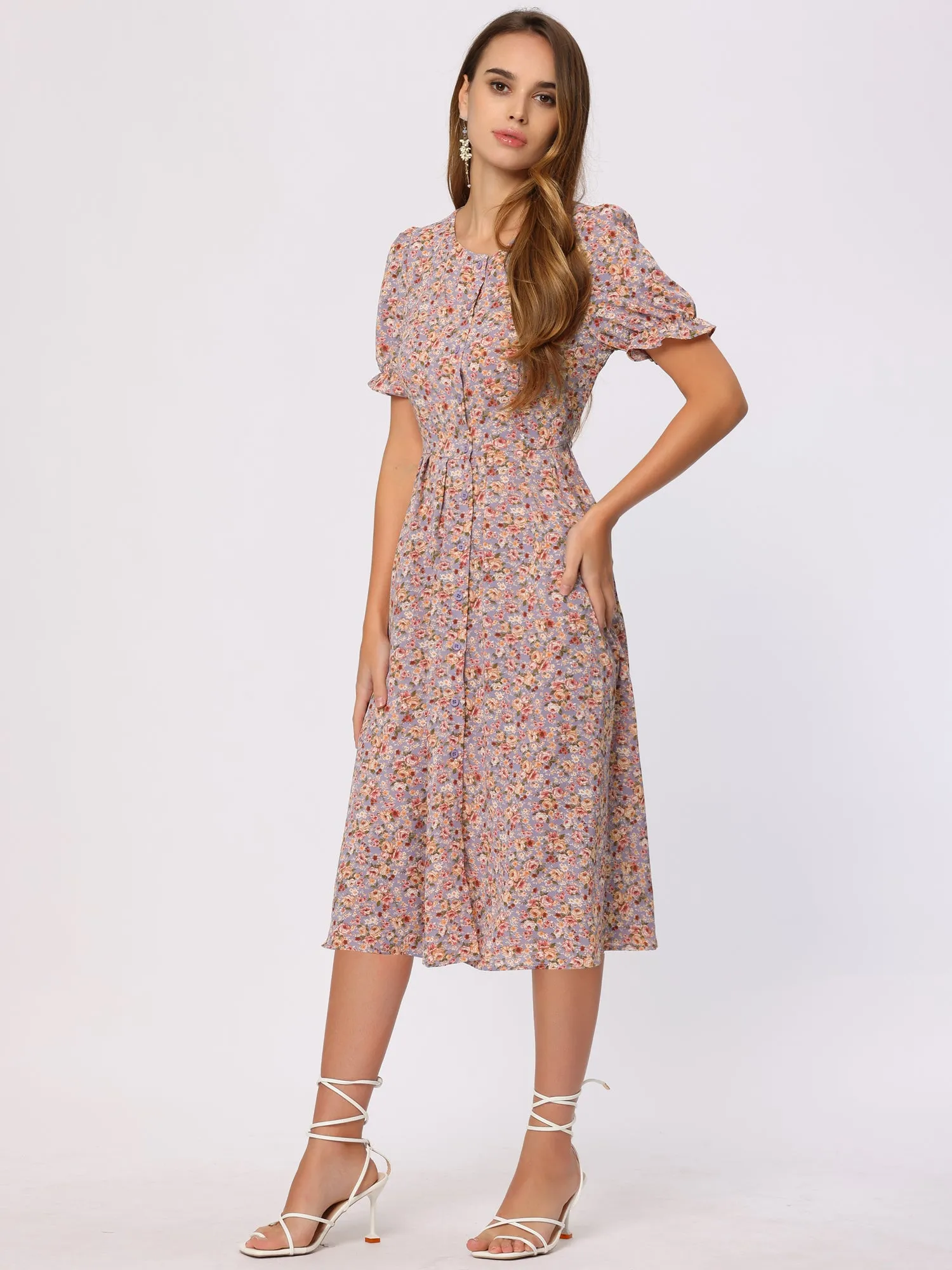 Floral Midi Dress Round Neck Ruffle Sleeve Button Down ShirtDress sold by Allegra K product image thumbnail 2