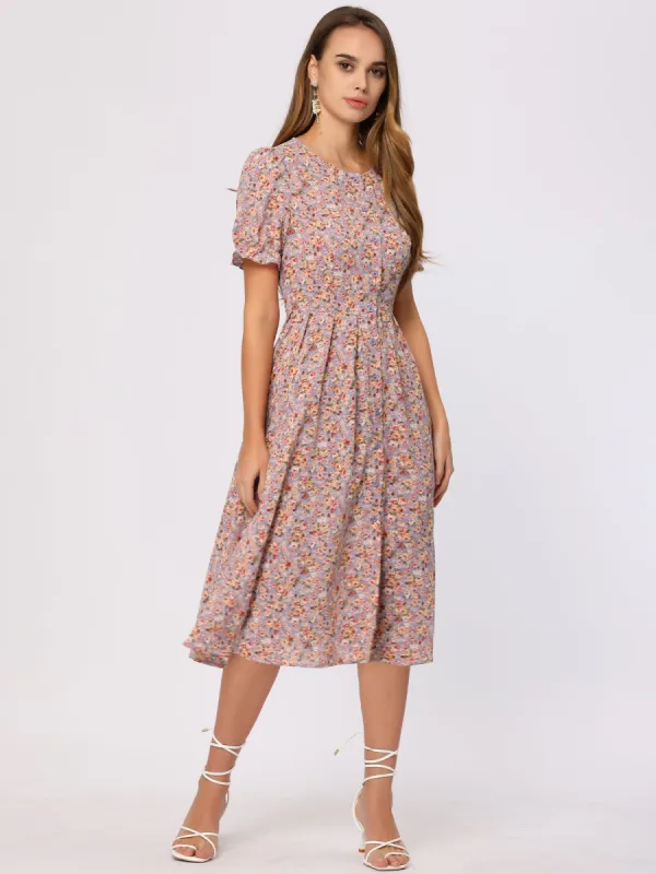 Floral Midi Dress Round Neck Ruffle Sleeve Button Down ShirtDress sold by Allegra K