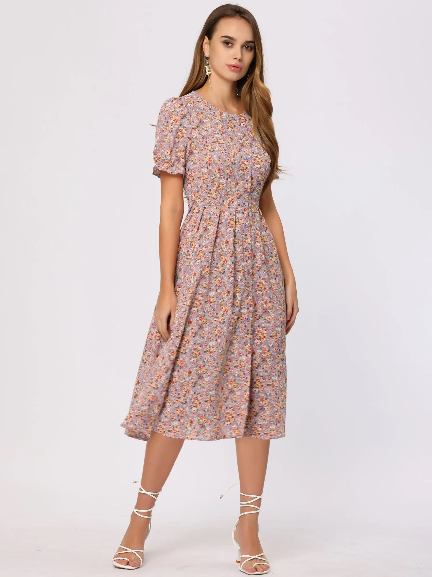 Floral Midi Dress Round Neck Ruffle Sleeve Button Down ShirtDress sold by Allegra K