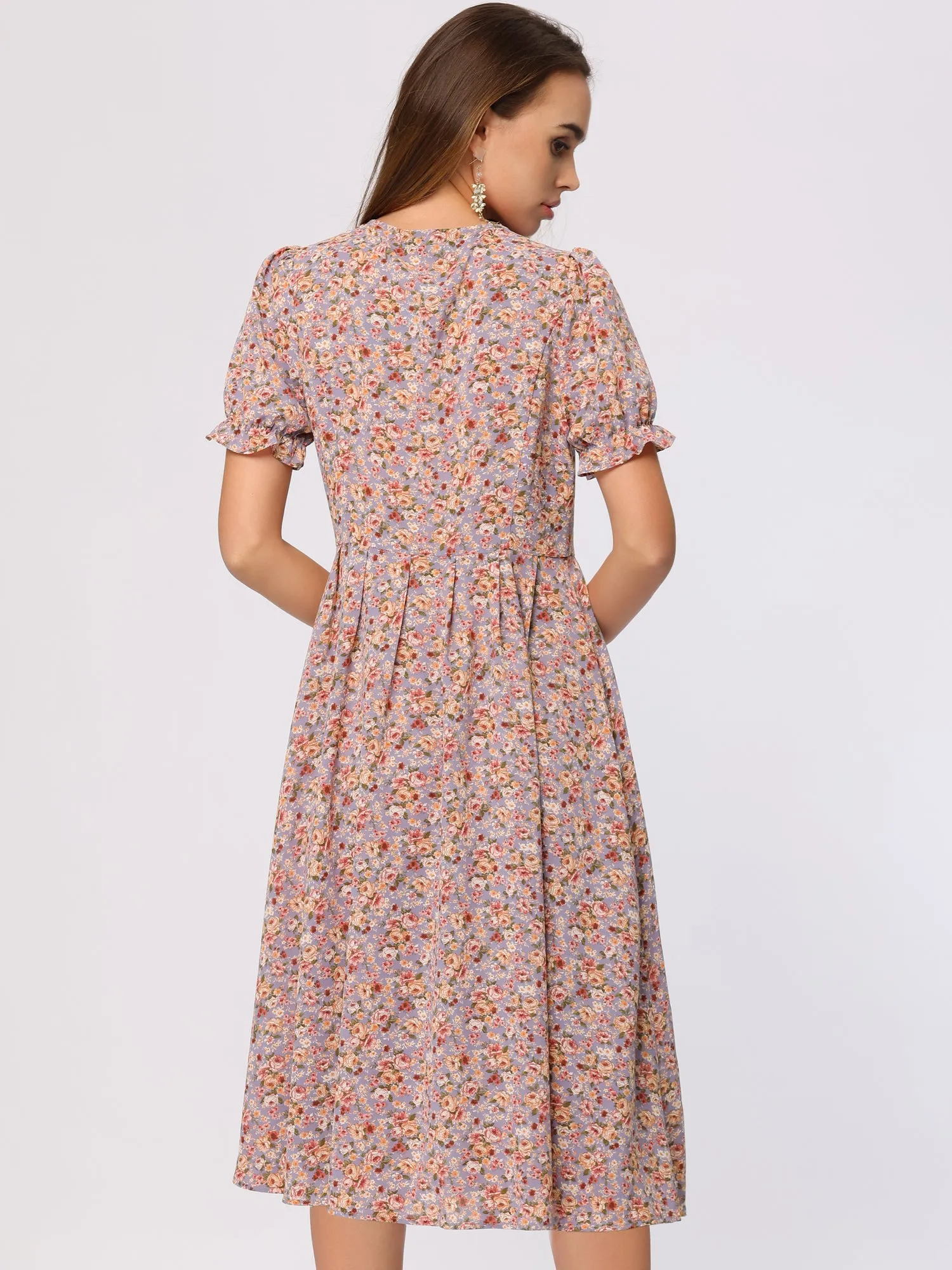 Floral Midi Dress Round Neck Ruffle Sleeve Button Down ShirtDress sold by Allegra K product image thumbnail 3