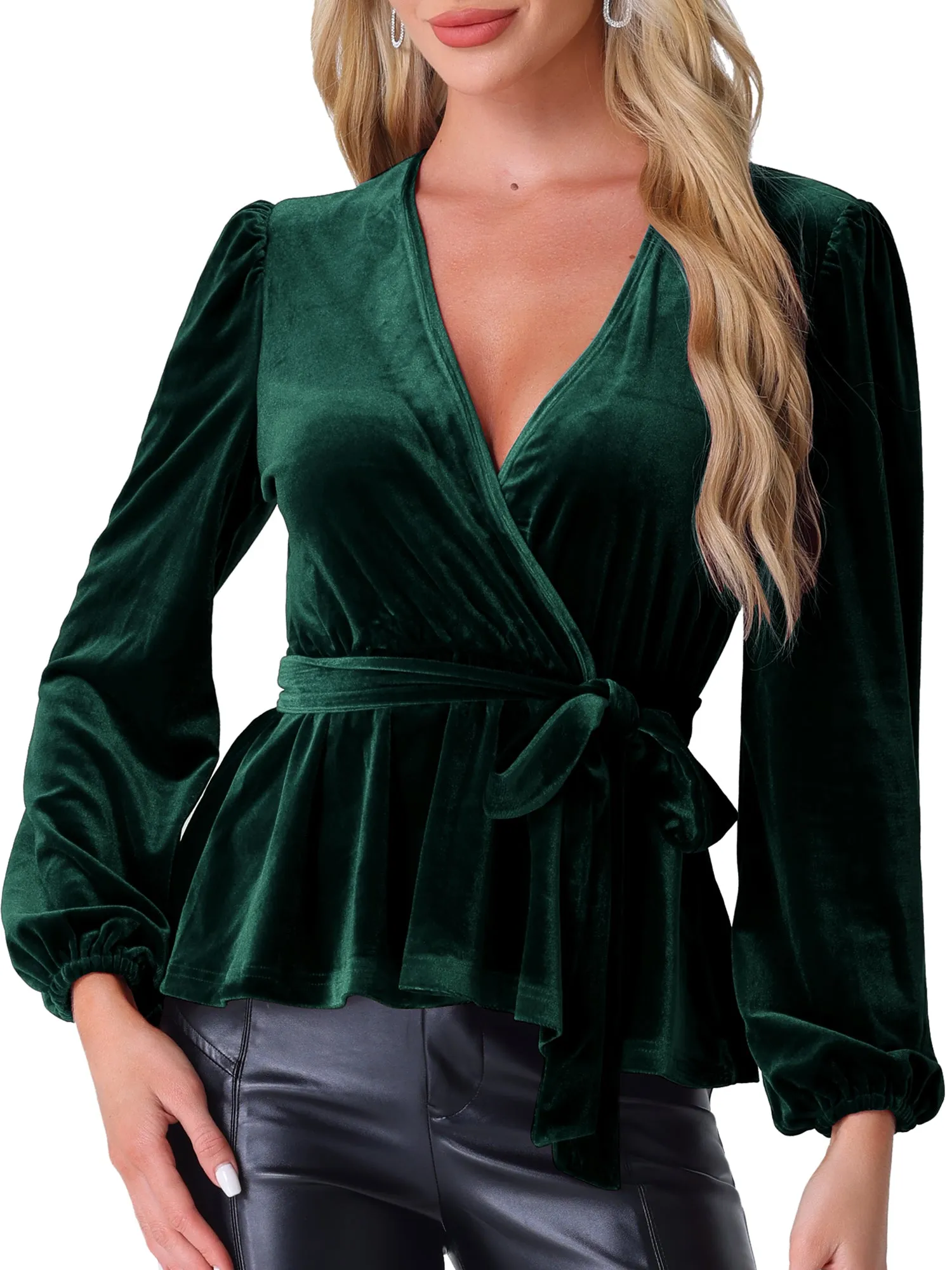 Velvet Wrap Tie Waist Long Sleeve Peplum Blouse sold by Allegra K product image thumbnail 5