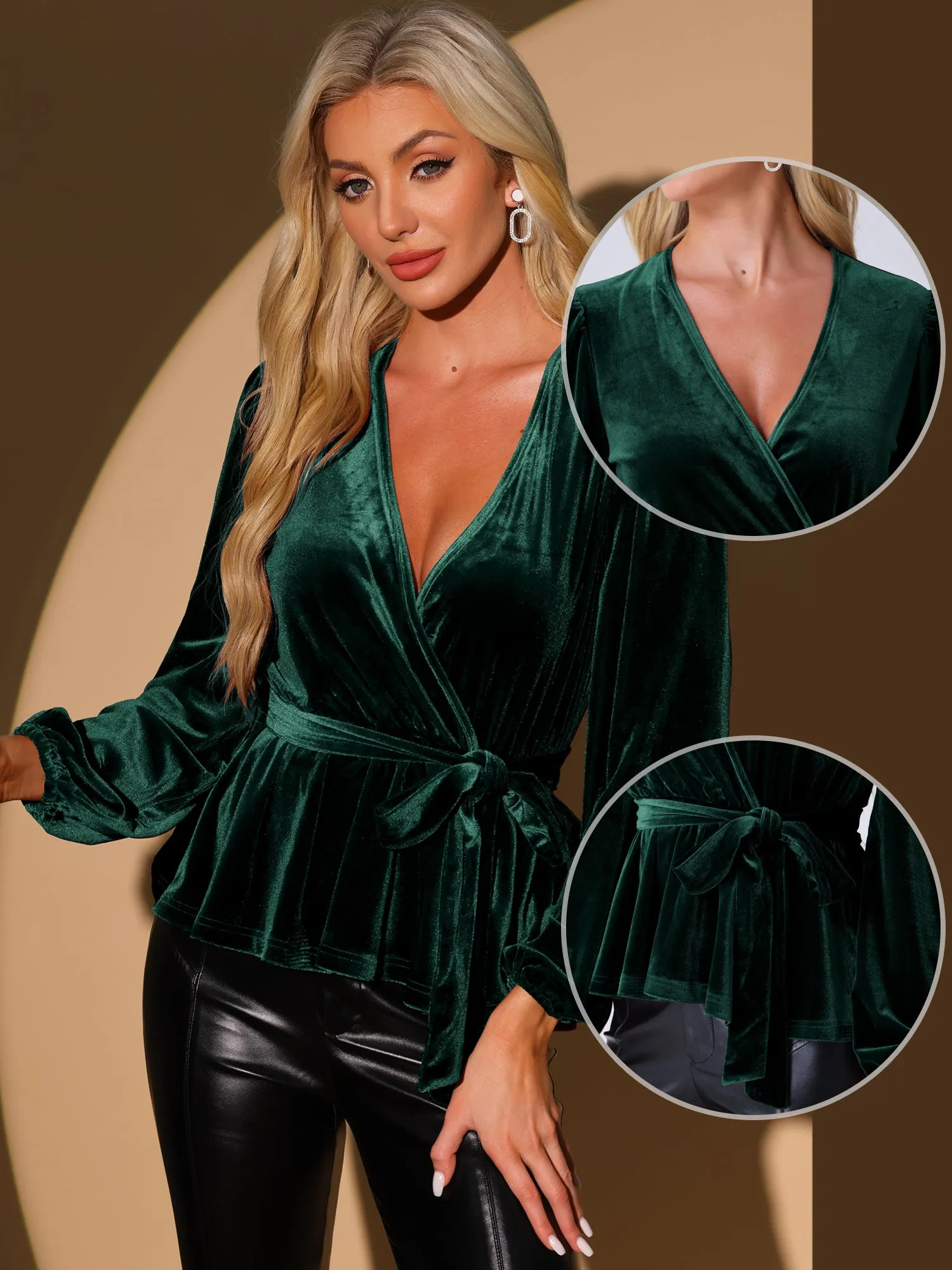 Velvet Wrap Tie Waist Long Sleeve Peplum Blouse sold by Allegra K product image thumbnail 2