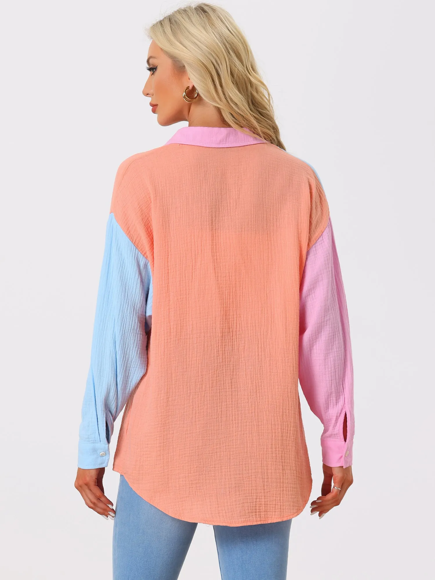Colorblock Long Sleeve Button Down Textured Shirt Blouse sold by Allegra K product image thumbnail 3