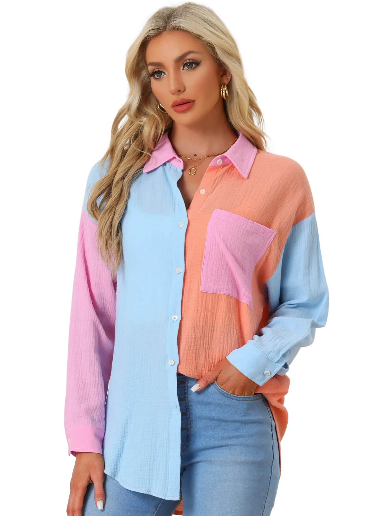 Colorblock Long Sleeve Button Down Textured Shirt Blouse sold by Allegra K product image thumbnail 4