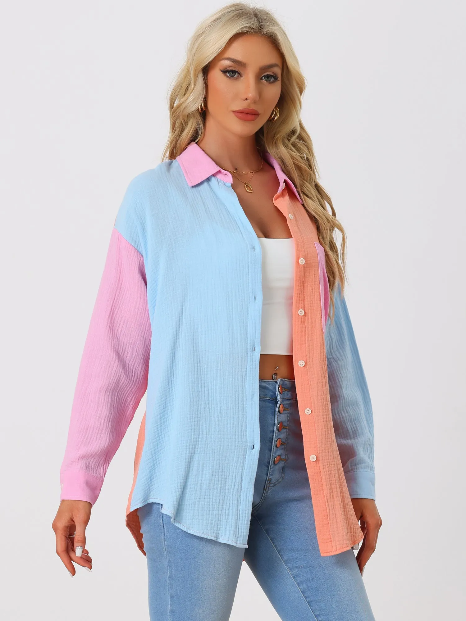 Colorblock Long Sleeve Button Down Textured Shirt Blouse sold by Allegra K