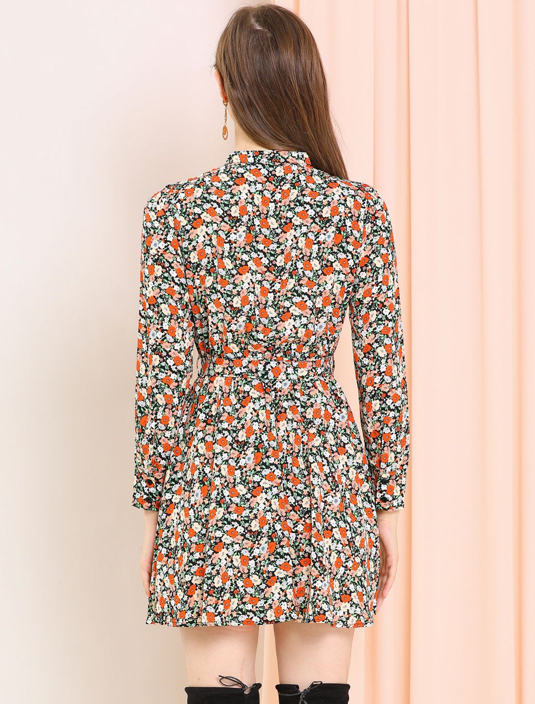 Button Half Placket Long Sleeve Mini Fit and Flare Floral Dress sold by Allegra K product image thumbnail 4