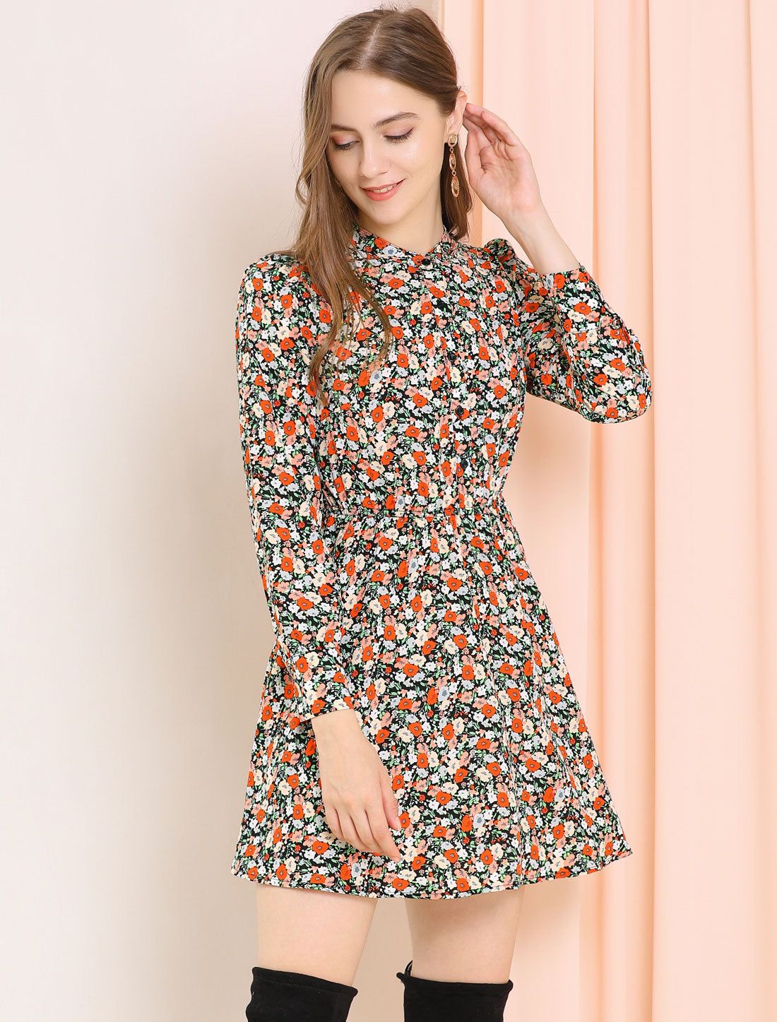 Button Half Placket Long Sleeve Mini Fit and Flare Floral Dress sold by Allegra K product image thumbnail 2