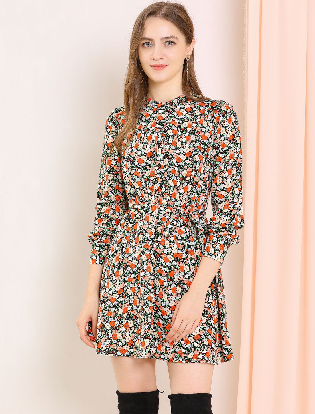 Button Half Placket Long Sleeve Mini Fit and Flare Floral Dress sold by Allegra K