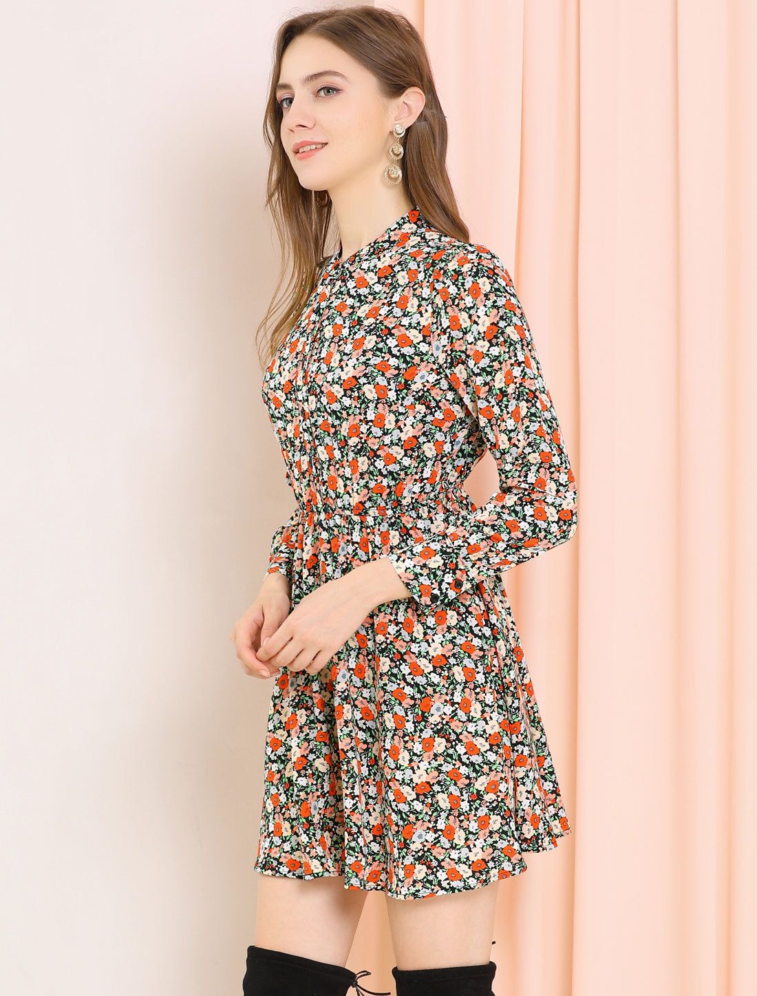Button Half Placket Long Sleeve Mini Fit and Flare Floral Dress sold by Allegra K product image thumbnail 3