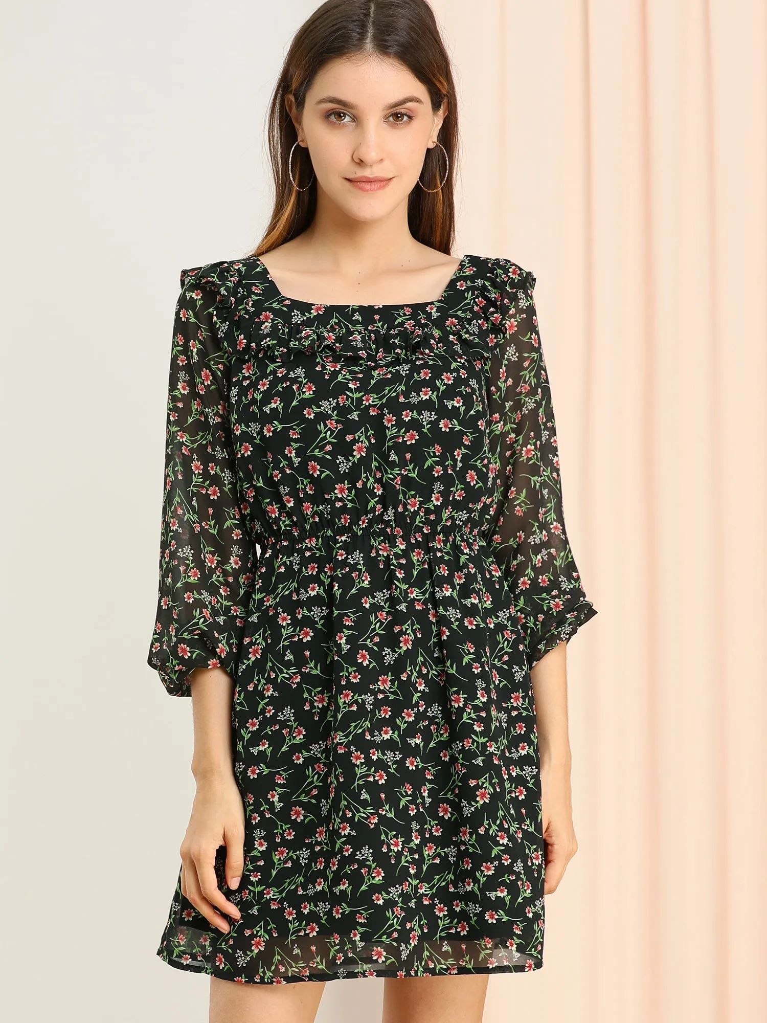 Floral Ruffle Chiffon Puff Long Sleeve Spring Dress sold by Allegra K product image thumbnail 2