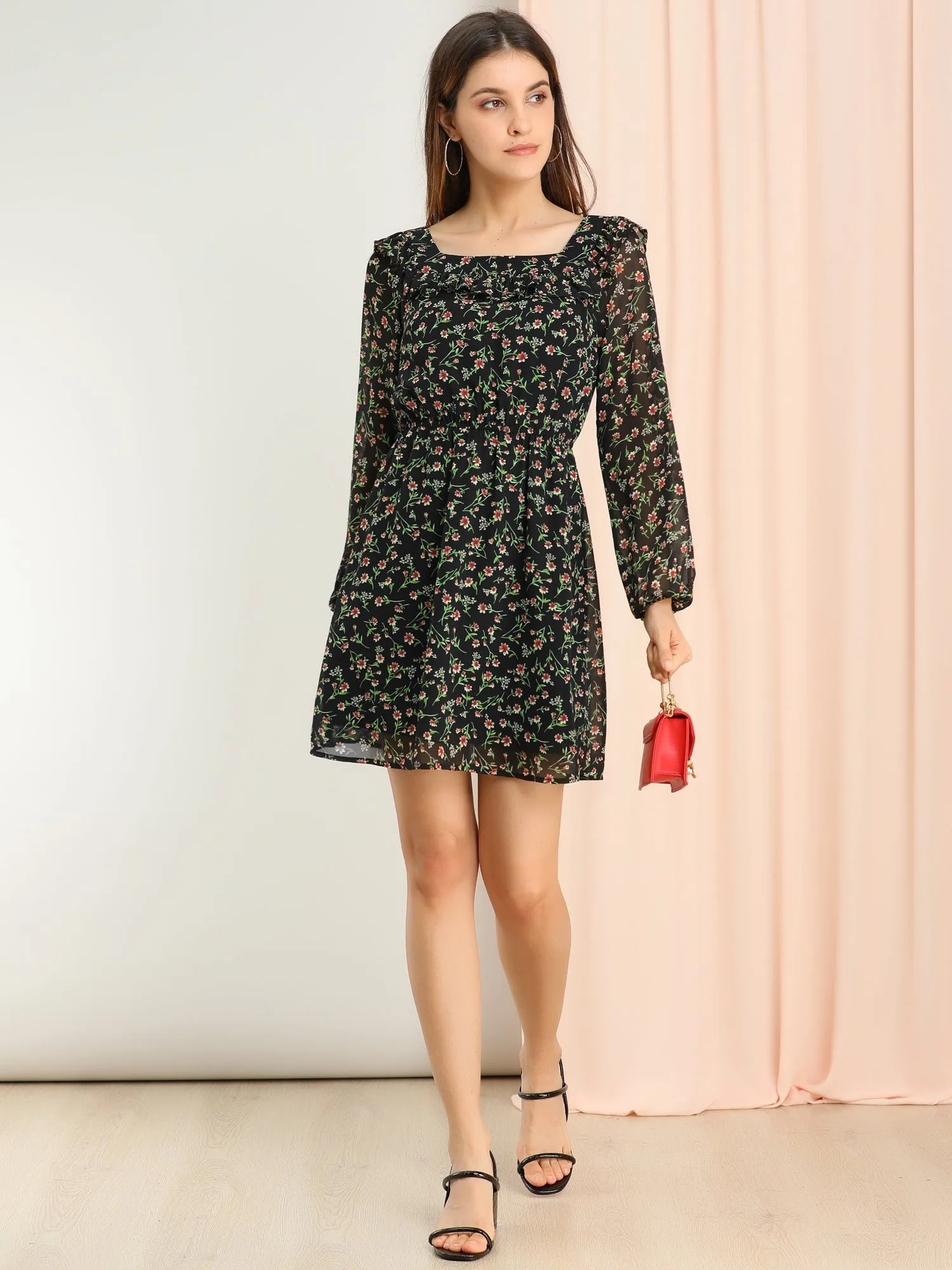 Floral Ruffle Chiffon Puff Long Sleeve Spring Dress sold by Allegra K product image thumbnail 3