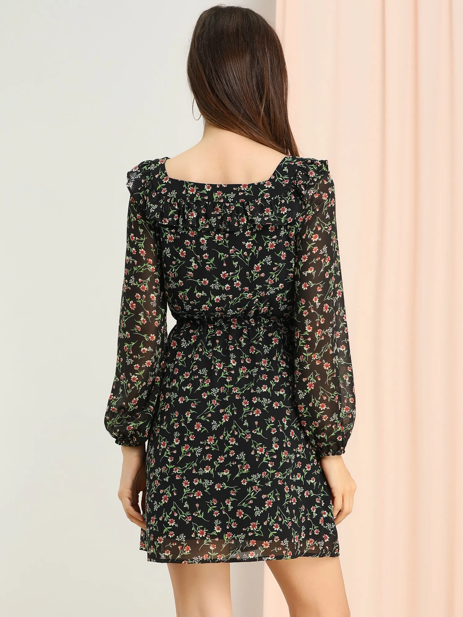 Floral Ruffle Chiffon Puff Long Sleeve Spring Dress sold by Allegra K product image thumbnail 5