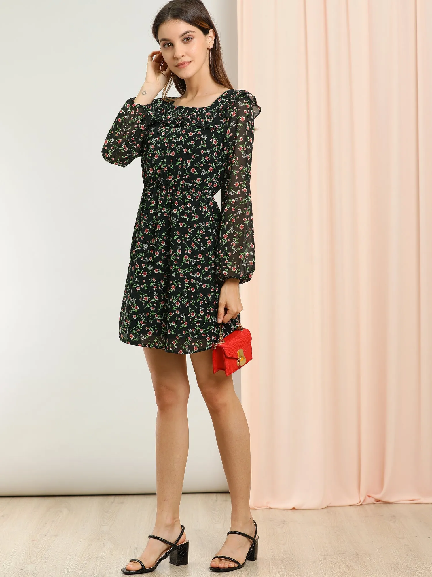 Floral Ruffle Chiffon Puff Long Sleeve Spring Dress sold by Allegra K product image thumbnail 4