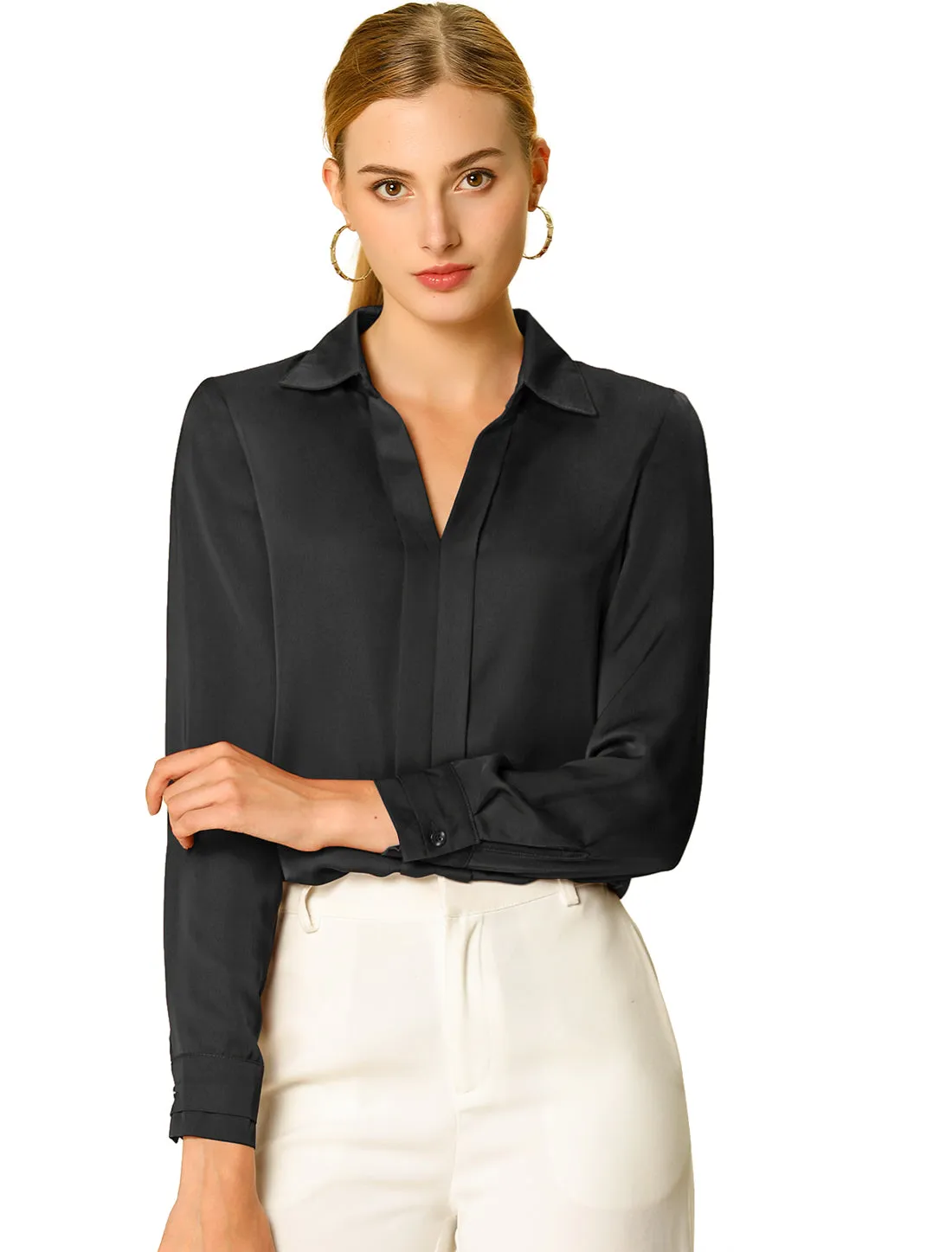 Satin Elegant V Neck Long Sleeve Silky Office Work Blouse sold by Allegra K product image thumbnail 5