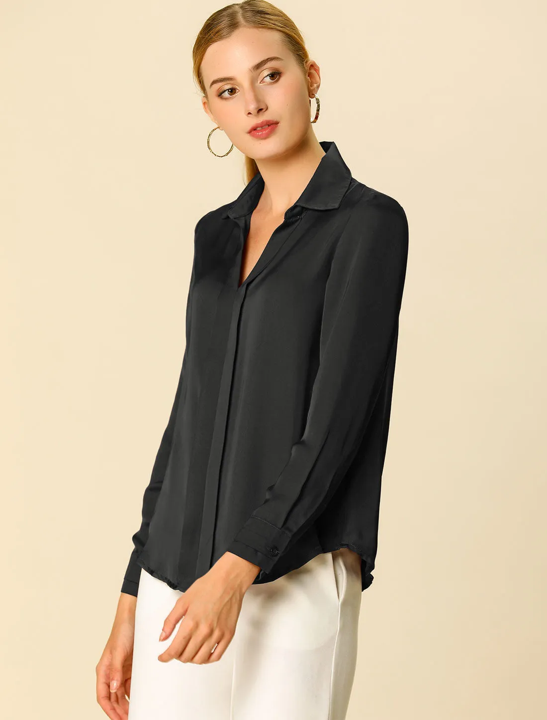 Satin Elegant V Neck Long Sleeve Silky Office Work Blouse sold by Allegra K product image thumbnail 2