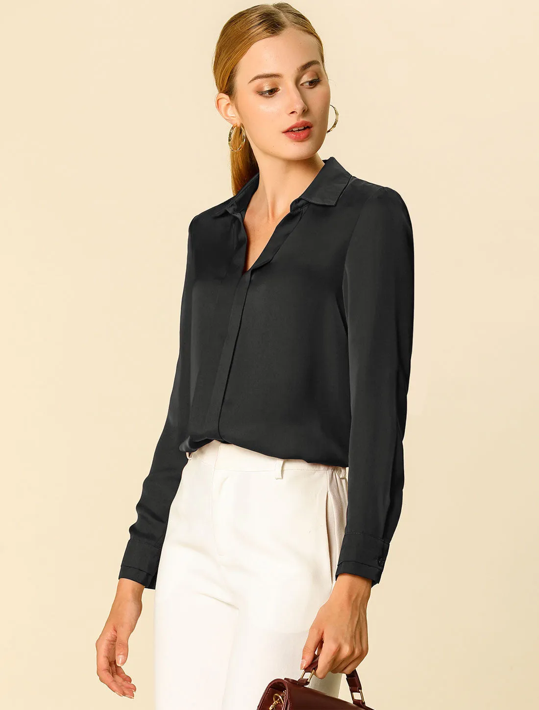 Satin Elegant V Neck Long Sleeve Silky Office Work Blouse sold by Allegra K