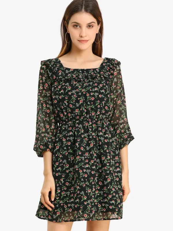 Floral Ruffle Chiffon Puff Long Sleeve Spring Dress sold by Allegra K
