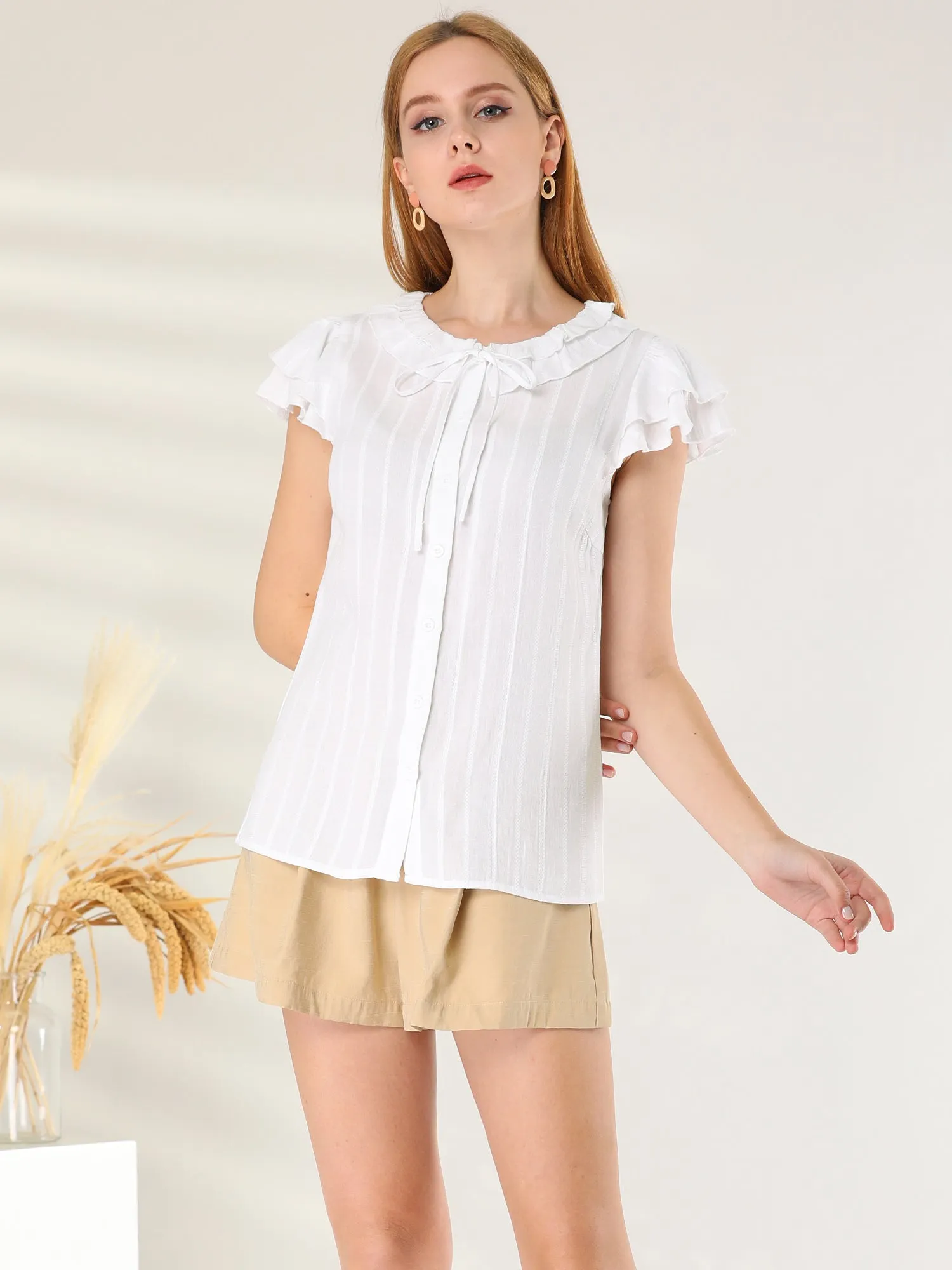 Ruffle Sleeve Flounce Tie Neck Button Front Cotton Work Blouse sold by Allegra K product image thumbnail 2