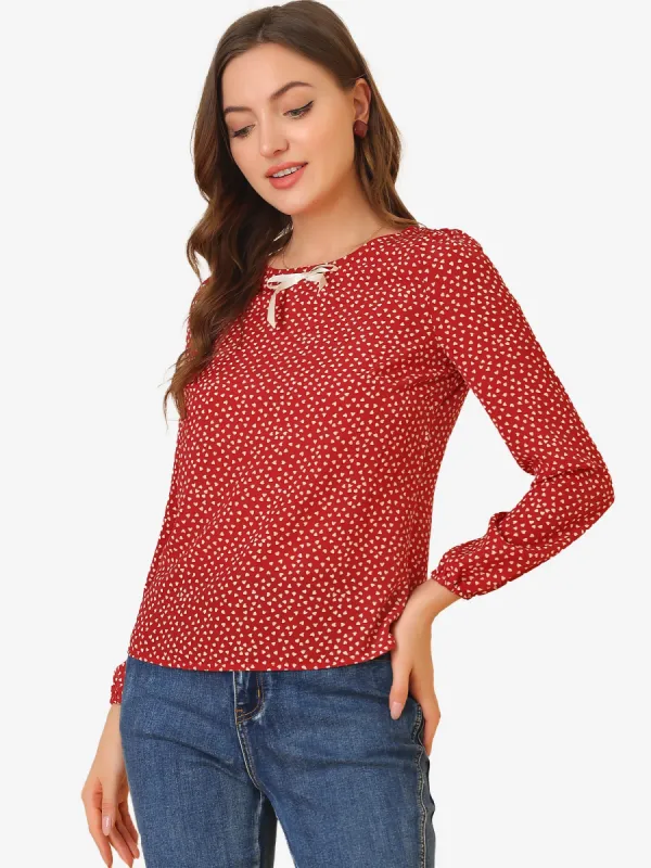 Valentine's Day Heart Print Bow Decor Long Sleeve Blouse Top sold by Allegra K