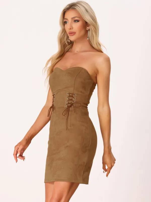 Faux Suede High Waist Lace-Up Strapless Tube Mini Dress sold by Allegra K