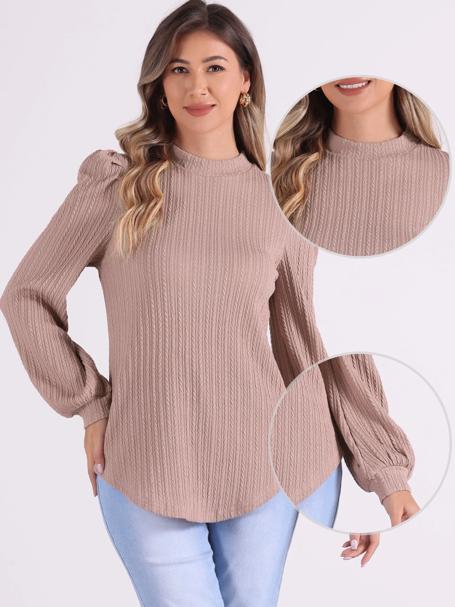 Textured Long Sleeve Mock Neck Puff Sleeve Blouse Tunic Tops sold by Allegra K product image thumbnail 2