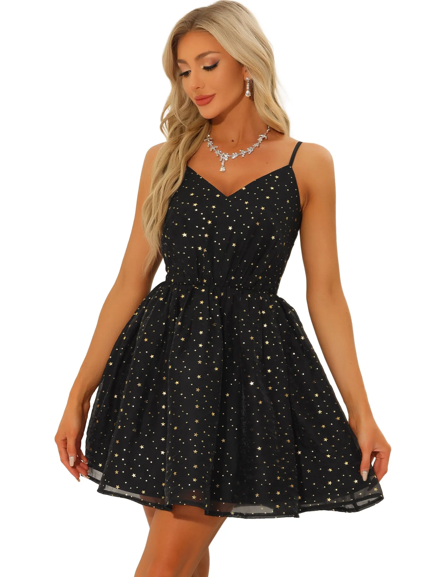 Spaghetti Strap Organza Fit and Flare Party Metallic Stars Mini Dress sold by Allegra K product image thumbnail 4