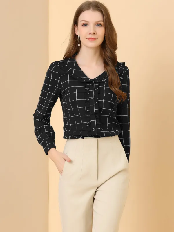 Classic Ruffle Long Sleeve Doll Collared Plaid Shirt sold by Allegra K