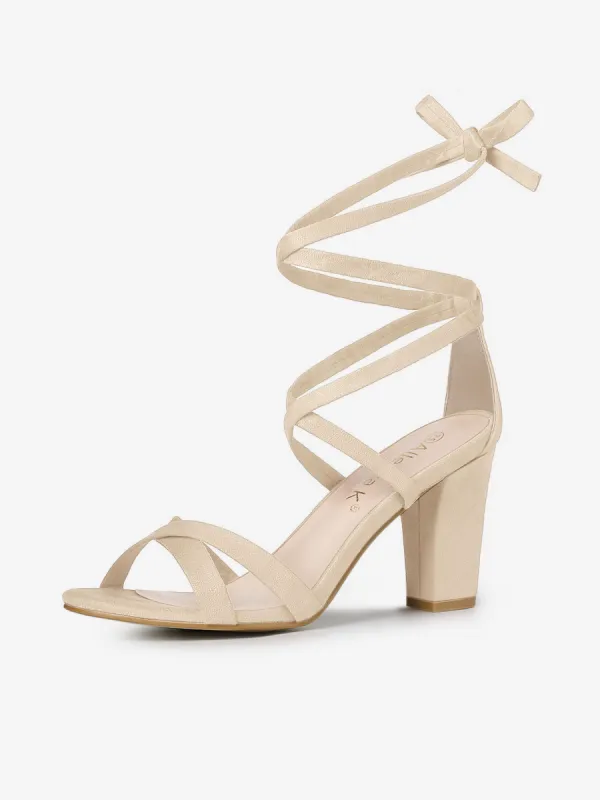 Elegant Faux Suede Ankle Lace Up High Block Heel Sandals sold by Allegra K