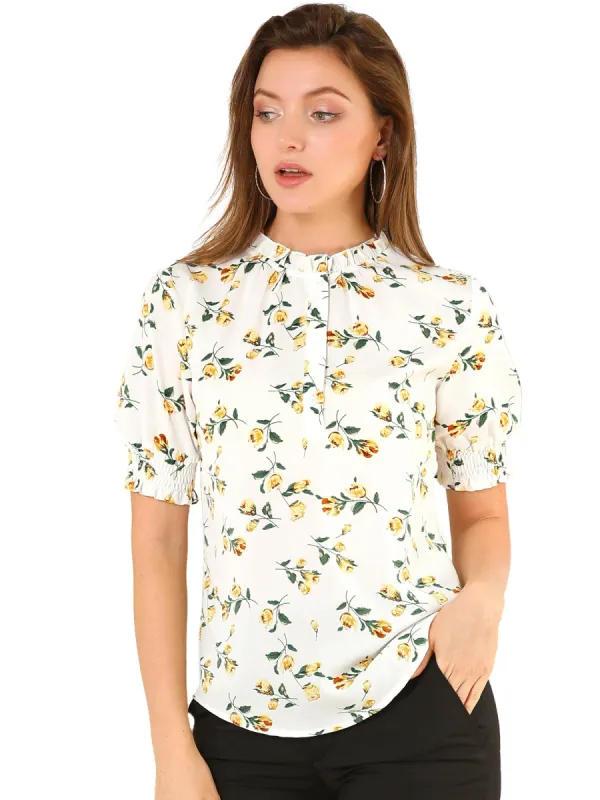 Ruffled Neck Half Placket Short Sleeve Floral Print Blouse sold by Allegra K