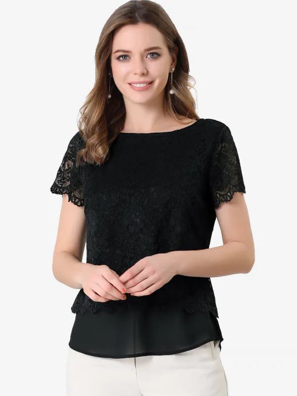 Scalloped Trim Hem Layered Short Sleeve Floral Lace Blouse Top sold by Allegra K