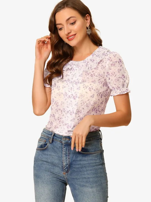Ruffle Collar See Through Chiffon Floral Puff Sleeve Casual Blouse sold by Allegra K