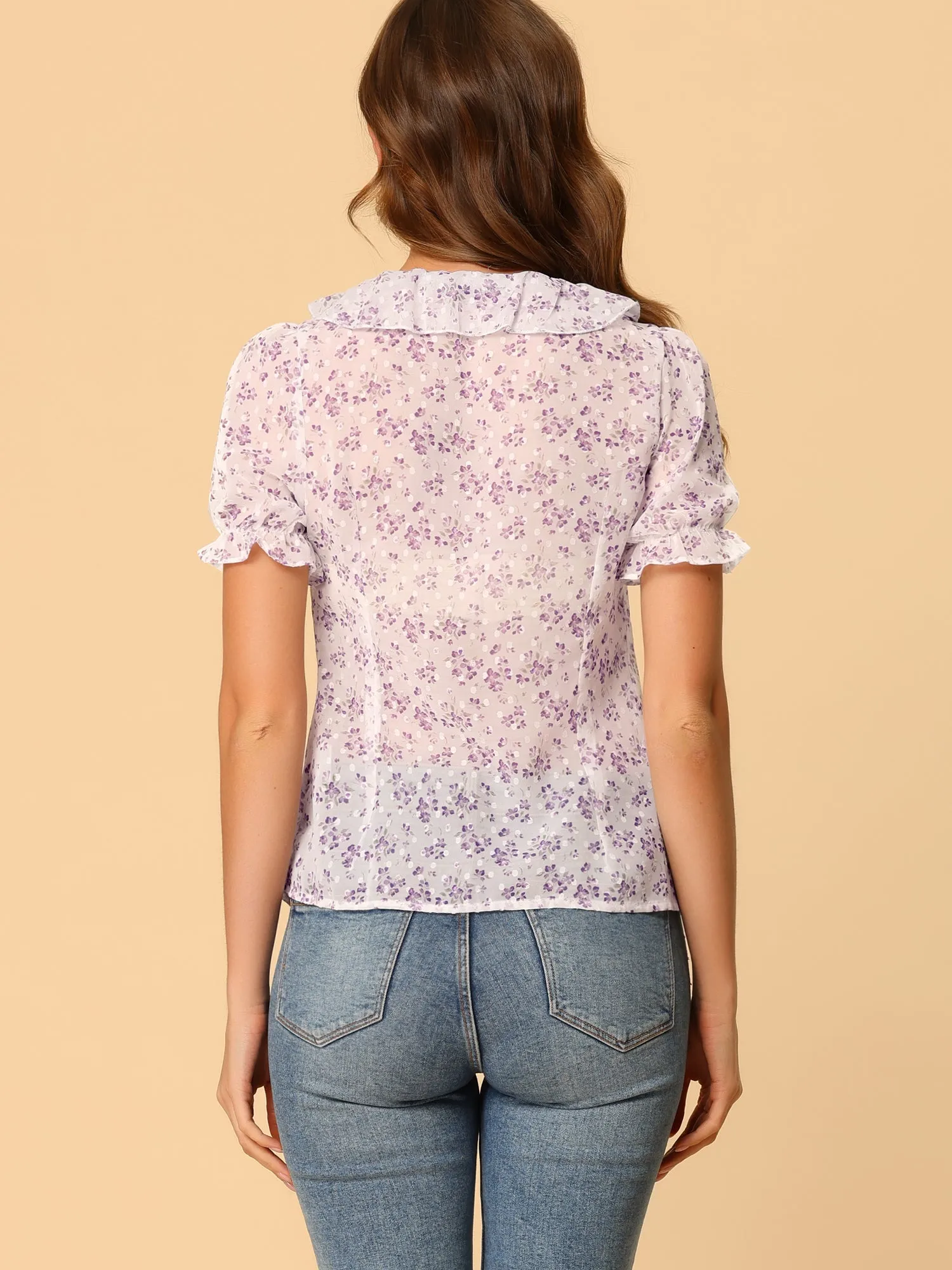 Ruffle Collar See Through Chiffon Floral Puff Sleeve Casual Blouse sold by Allegra K product image thumbnail 5