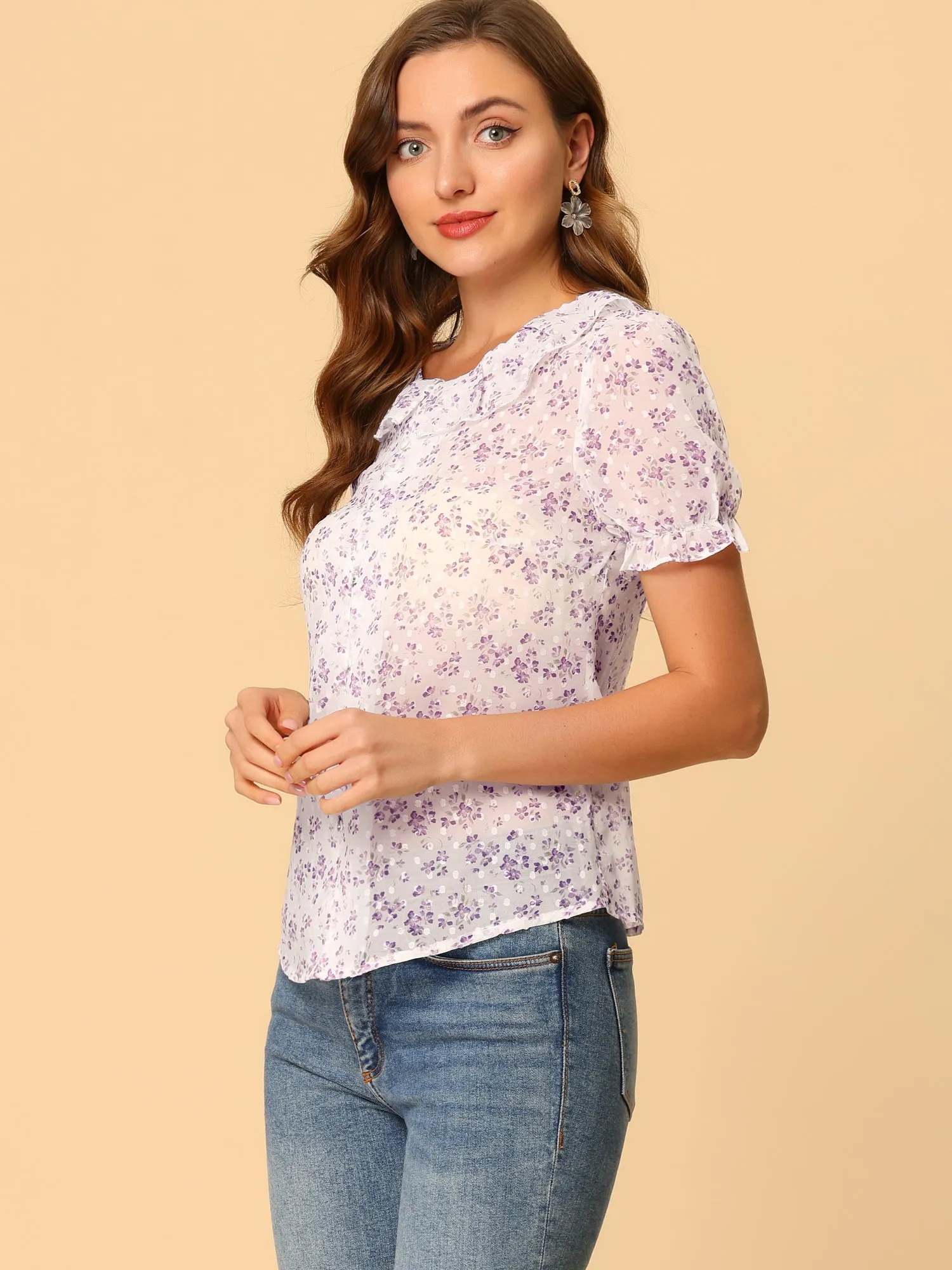 Ruffle Collar See Through Chiffon Floral Puff Sleeve Casual Blouse sold by Allegra K product image thumbnail 4