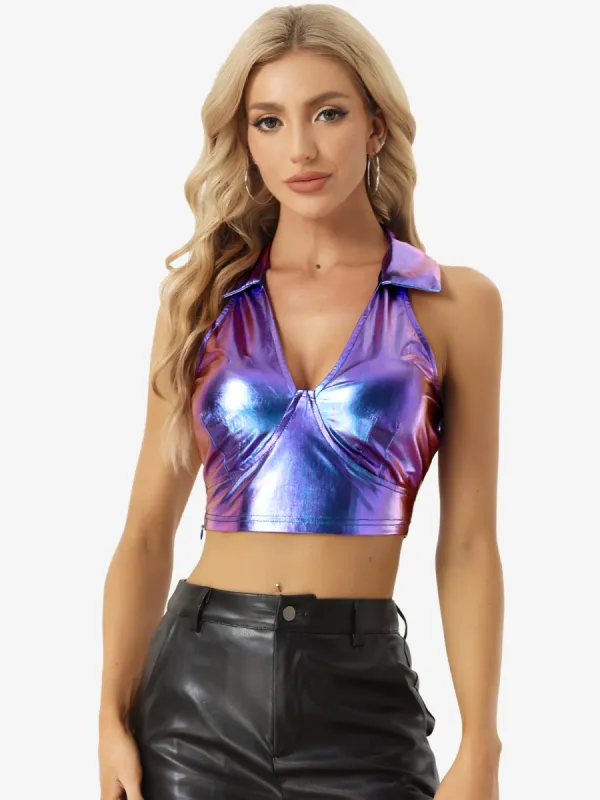 Holographic Crop Top Shimmering Shiny Party Halter Metallic Tops sold by Allegra K