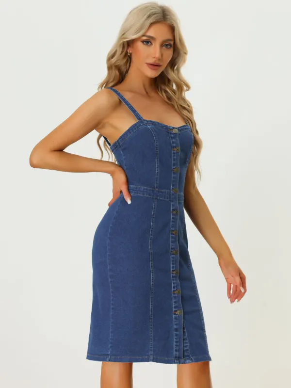 Button Down Denim Sleeveless Sweetheart Neck Jeans Dress sold by Allegra K