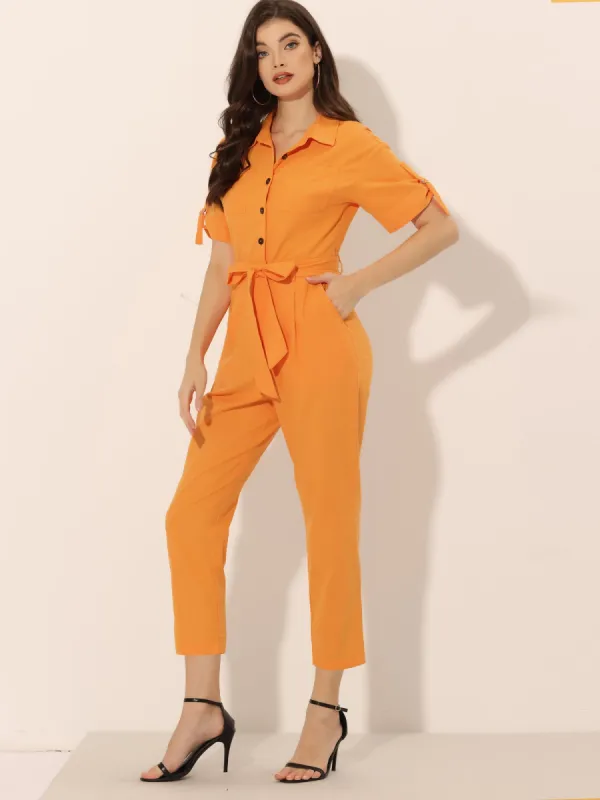 Short Sleeve Button Down Belted Tie Waist Cotton Cargo Jumpsuit sold by Allegra K