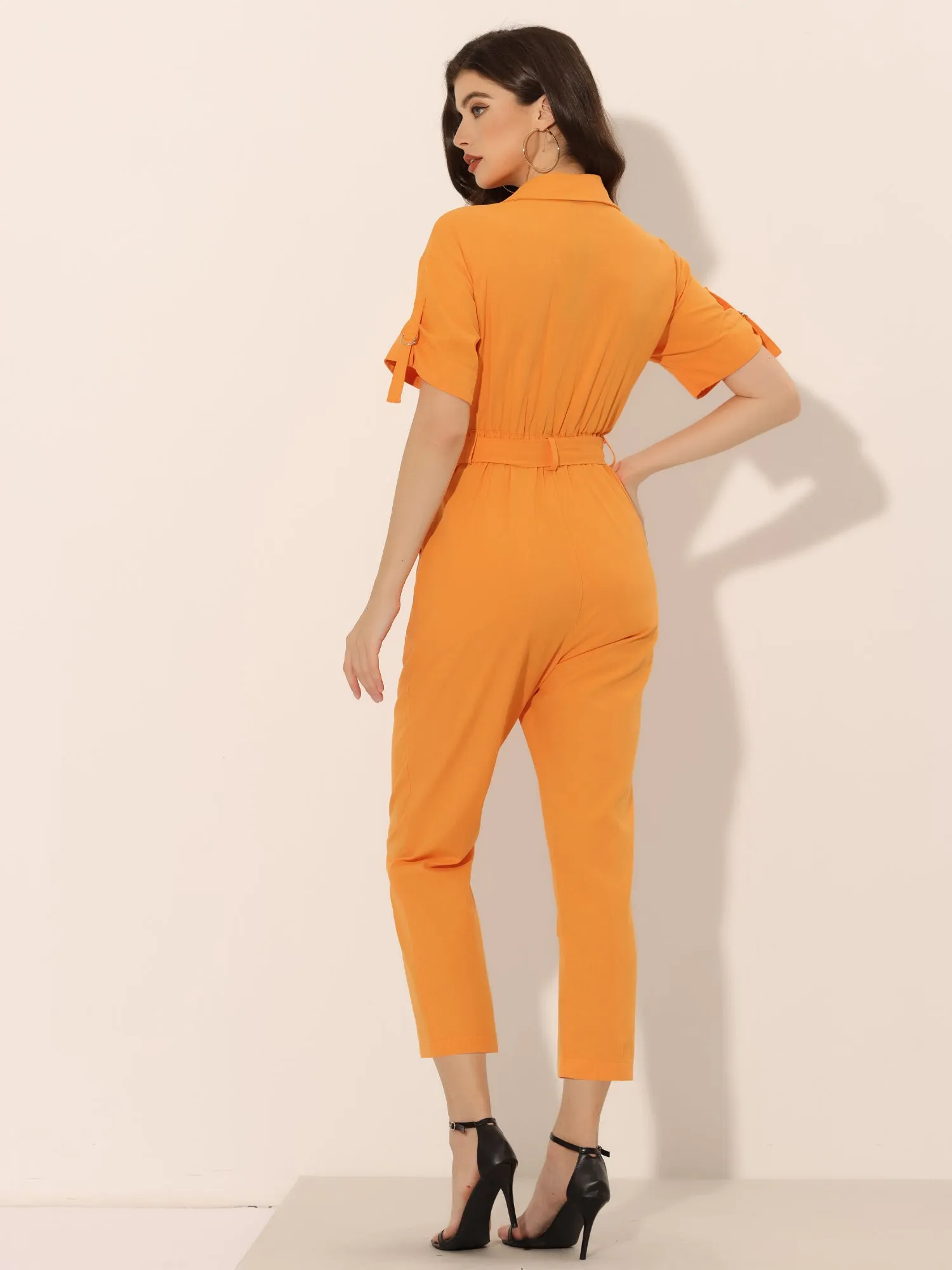 Short Sleeve Button Down Belted Tie Waist Cotton Cargo Jumpsuit sold by Allegra K product image thumbnail 3