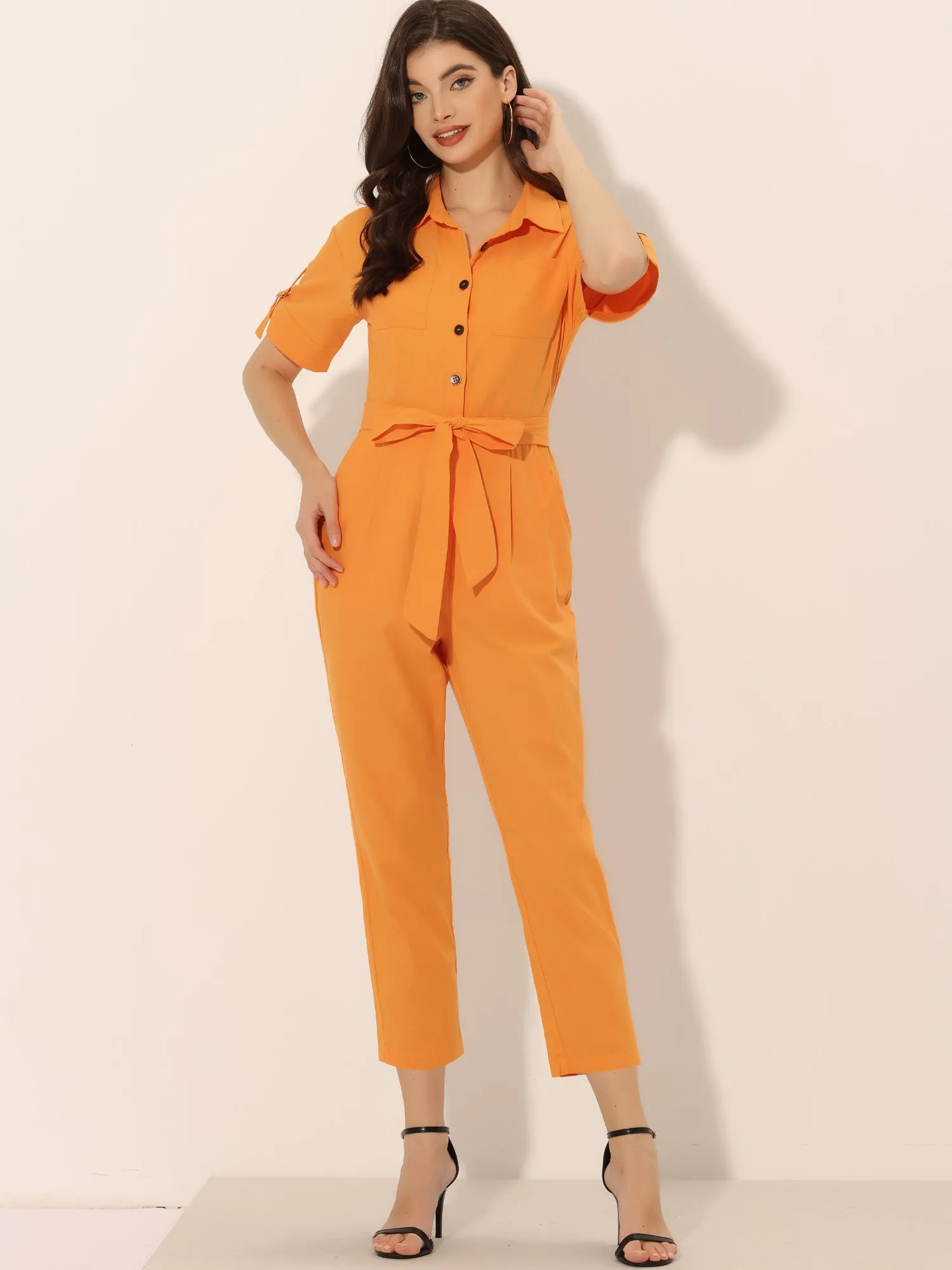 Short Sleeve Button Down Belted Tie Waist Cotton Cargo Jumpsuit sold by Allegra K product image thumbnail 2