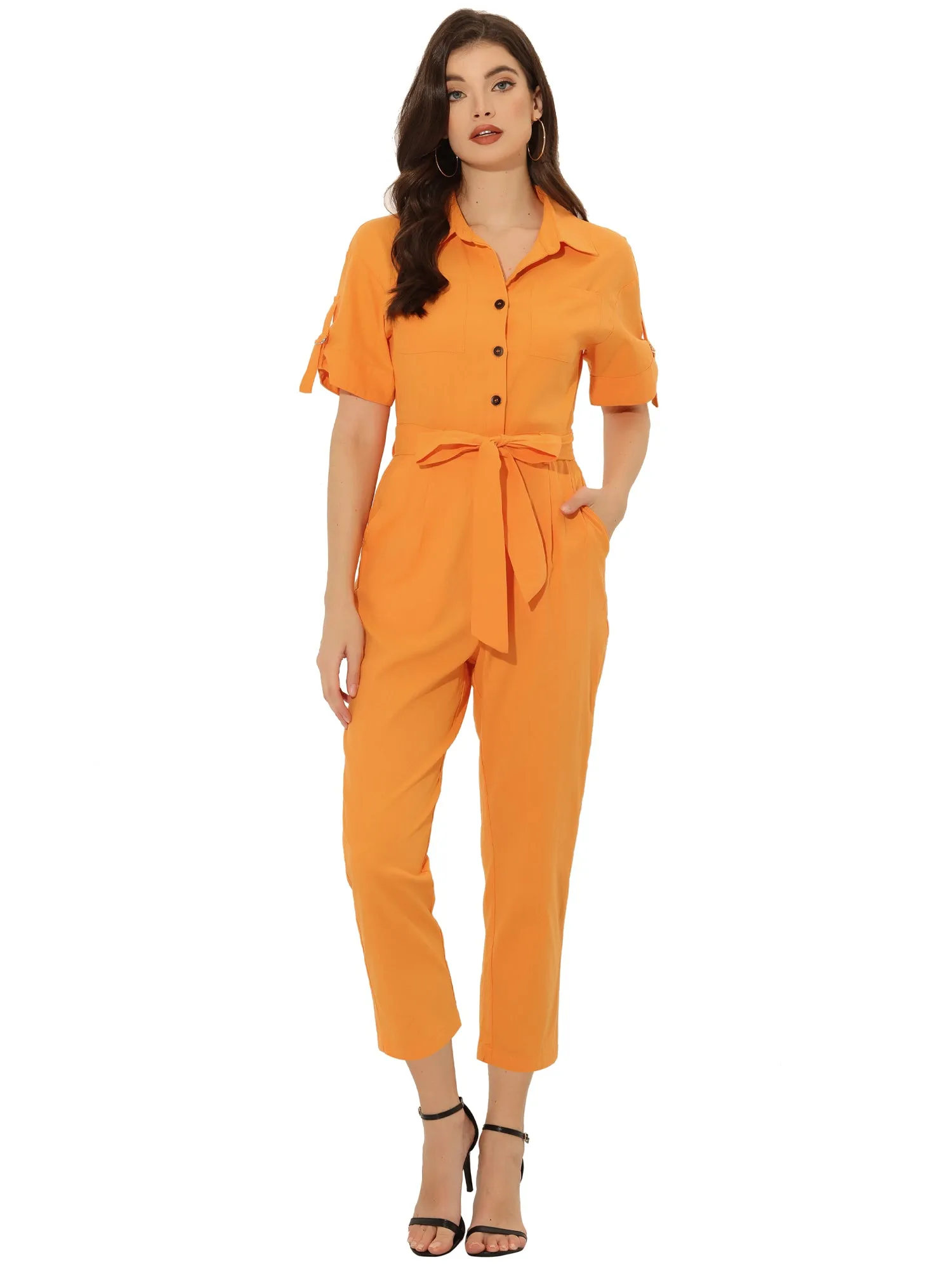 Short Sleeve Button Down Belted Tie Waist Cotton Cargo Jumpsuit sold by Allegra K product image thumbnail 5